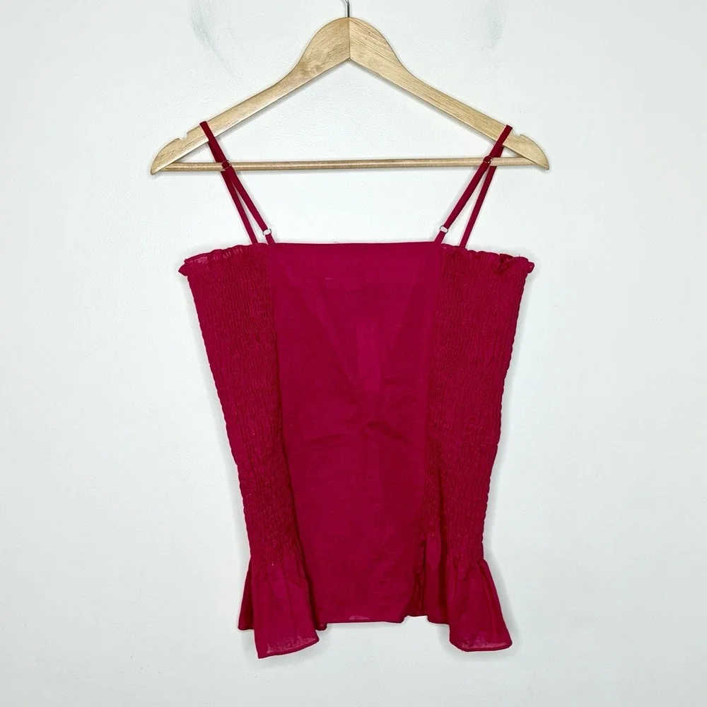 Maeve Smocked Linen Cotton Tank Top Pink Womens M Strappy Summer Preppy Ruffled